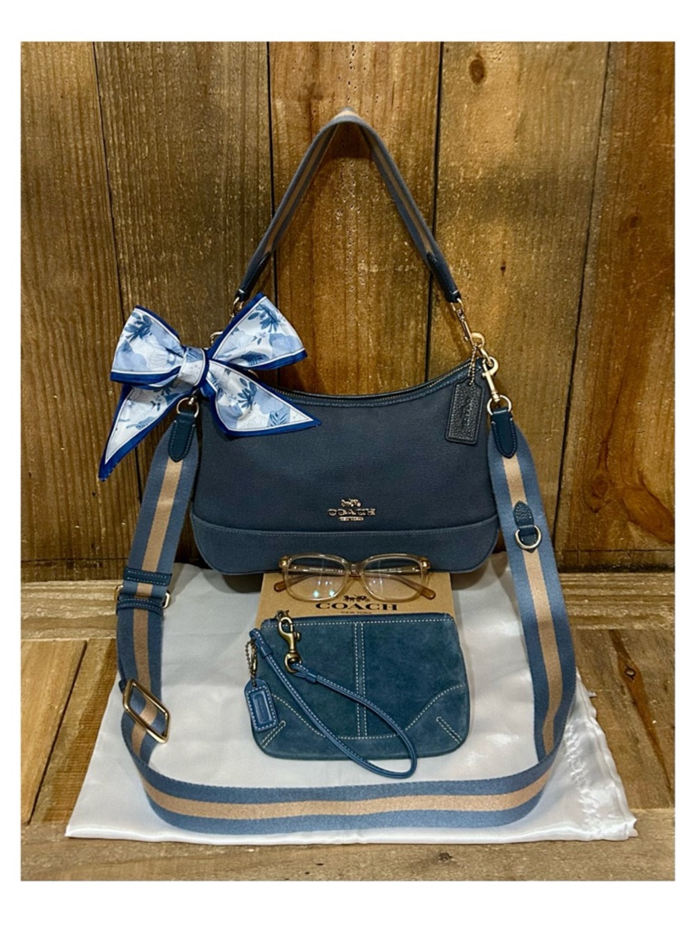 Coach. 5 Piece. Ellis Shoulder Bag with Free Wristlet, Glasses, Scarf & Dust Bag - Picture 16 of 16